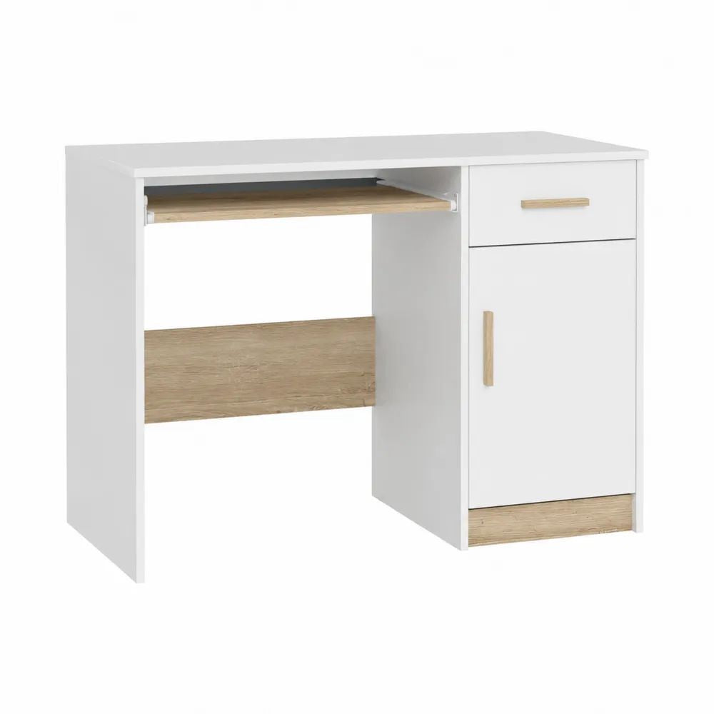 Bureau informatique rectangulaire en bois avec tiroir, armoire et tablette coulissante pour clavier, blanc et chêne clair, 100 x 50 x 75 cm