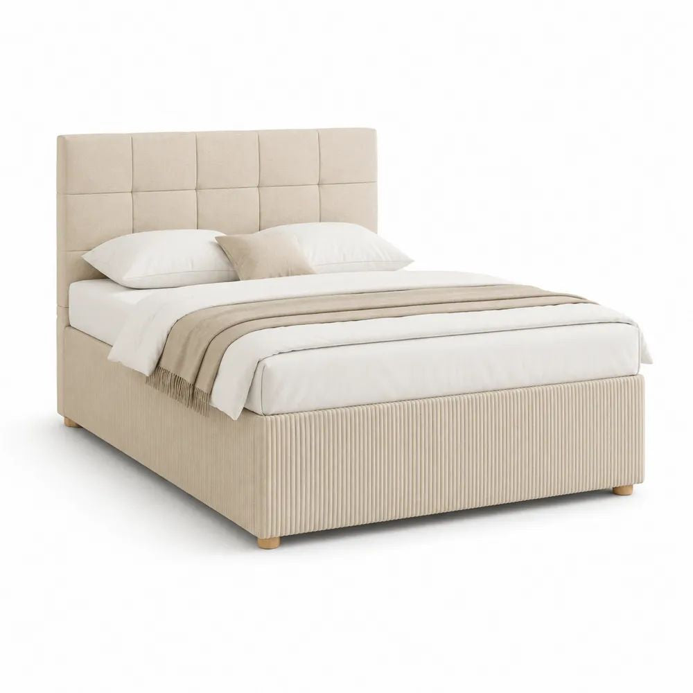 Lit double rembourré 160 x 200 cm en velours polyester beige avec tête de lit à panneaux