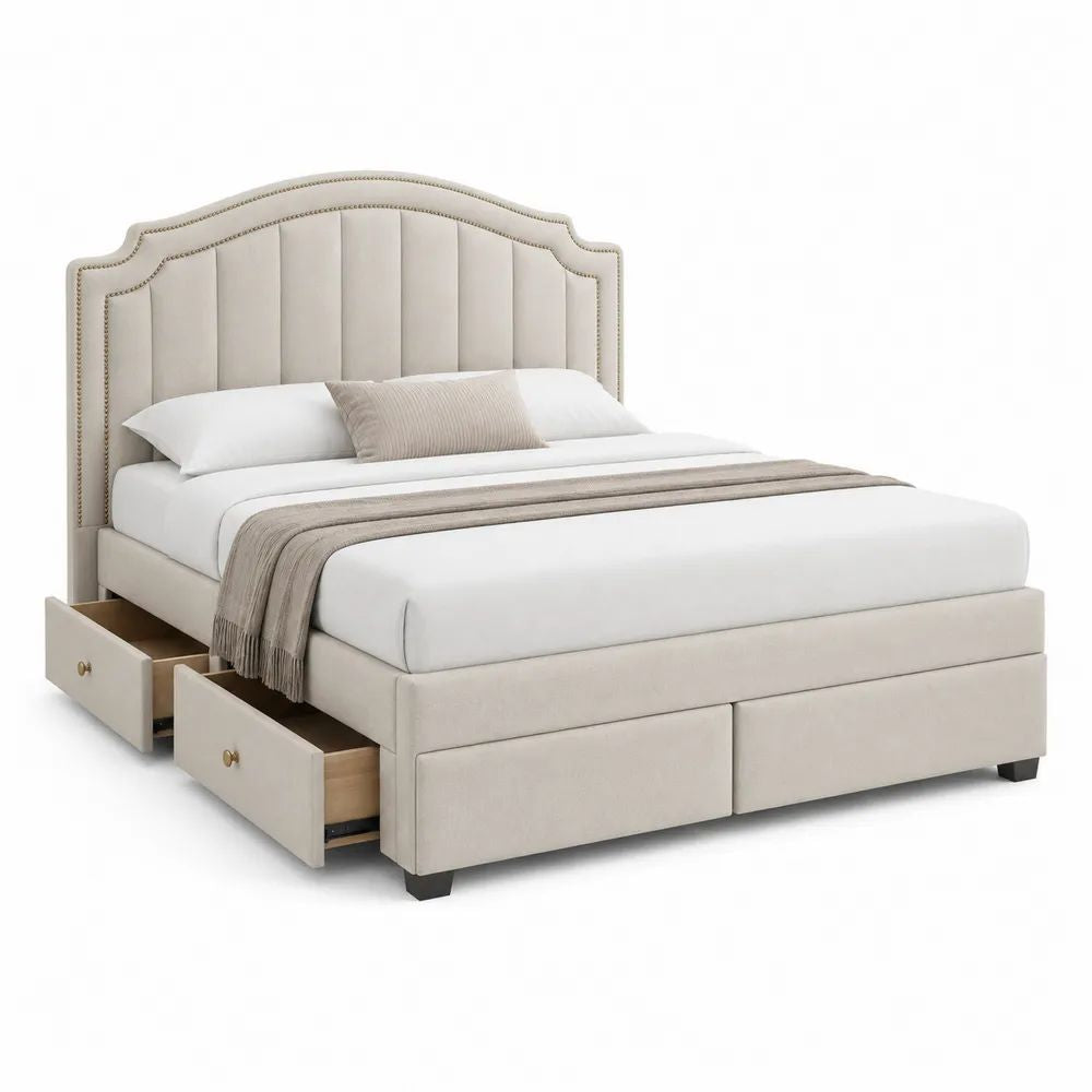 Lit double 160 x 200 cm en velours polyester beige avec tête de lit arquée et 4 tiroirs