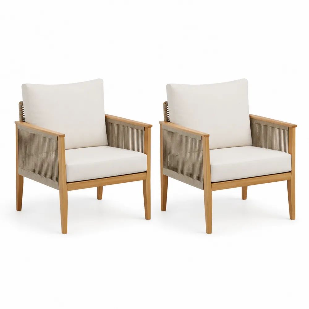 Lot de 2 fauteuils de jardin en bois massif et corde avec coussins écrus, bois naturel et taupe, 65 × 70 × 82 cm