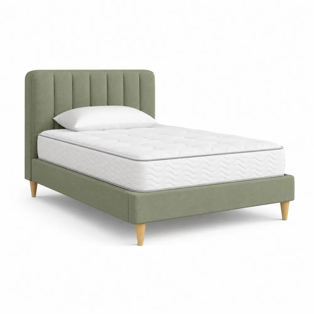 Lit double rembourré en polyester vert sauge avec matelas à ressorts et tête de lit, couchage 140 x 190 cm, dimensions 148 x 202 x 105 cm