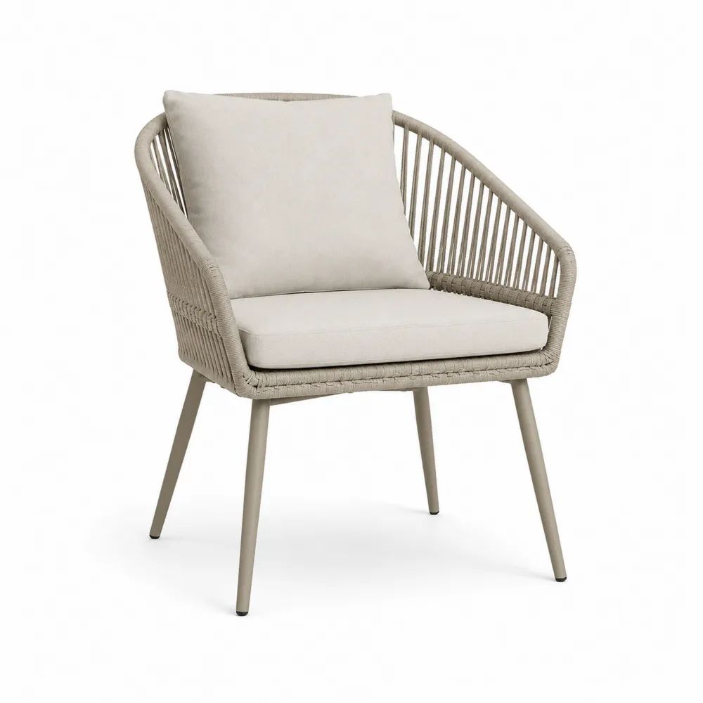 Fauteuil de jardin en acier et corde tressée beige avec coussins beige clair, 68 × 72 × 82 cm