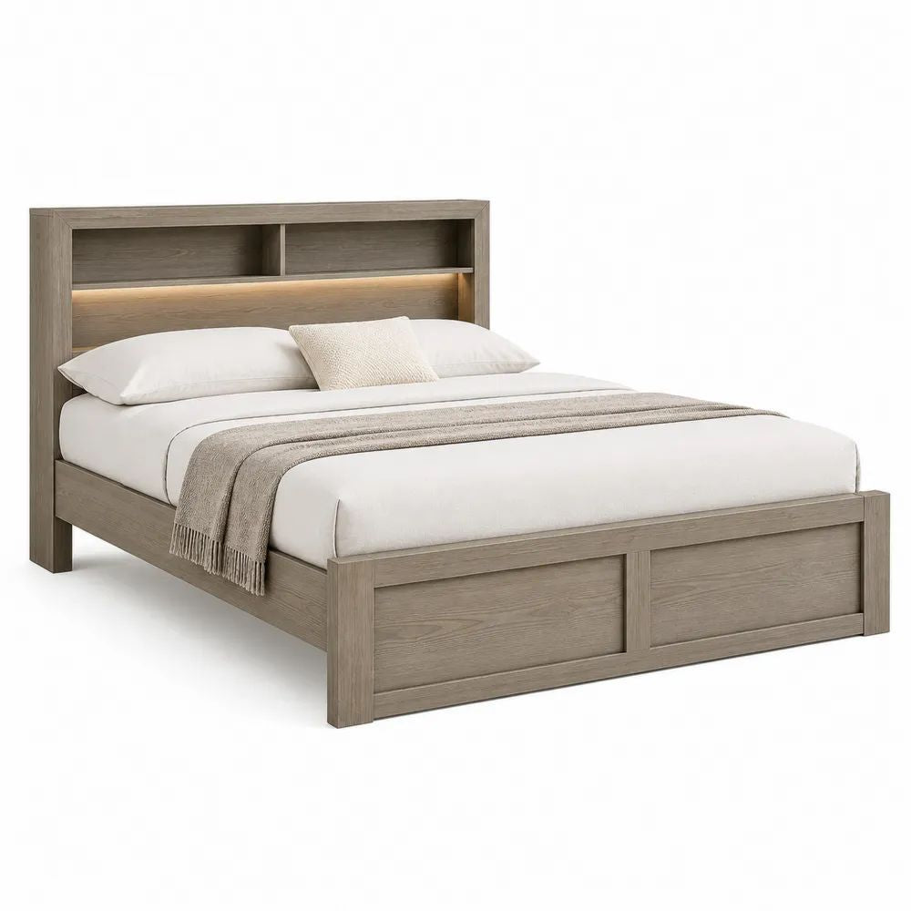 Lit double 160 x 200 cm en panneaux MDF décor chêne gris taupe avec tête de lit bibliothèque et éclairage LED, 218 x 170 x 145 cm