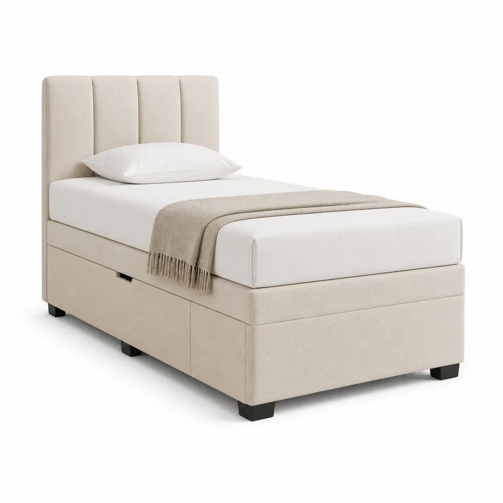 Lit coffre 1 place 90 × 190 cm en tissu beige avec tête de lit rembourrée et sommier relevable