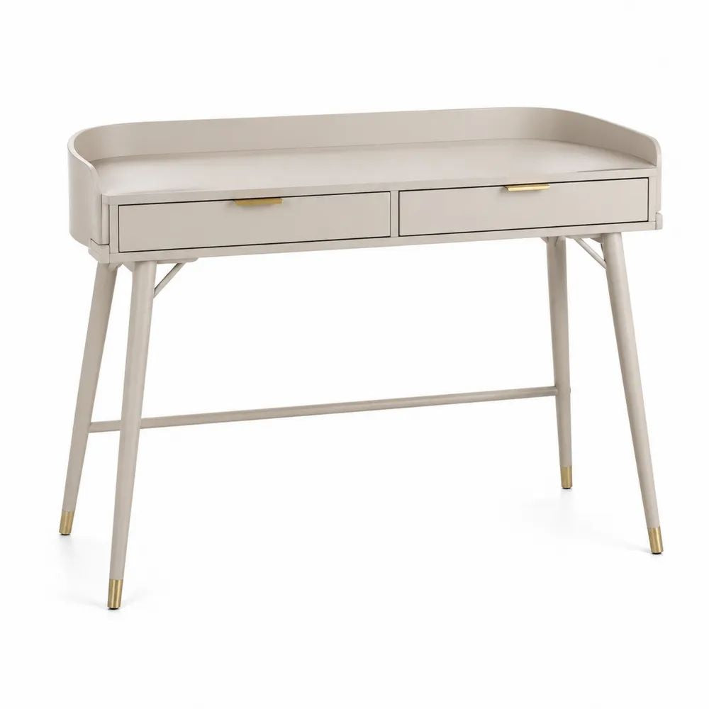 Bureau rectangulaire avec 2 tiroirs en MDF et hévéa massif beige et doré, 100 × 50 × 85 cm