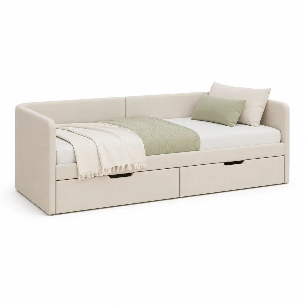 Lit-banquette rectangulaire en polyester beige avec 2 tiroirs, couchage 90 × 200 cm, dimensions 212 × 101 × 82 cm