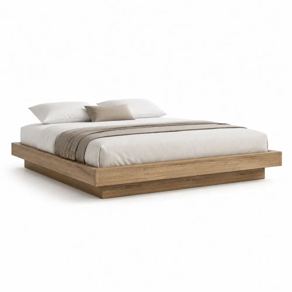 Cadre de lit plateforme bas en bois, couchage 160 x 200 cm, dimensions 220 x 180 x 32 cm, chêne naturel