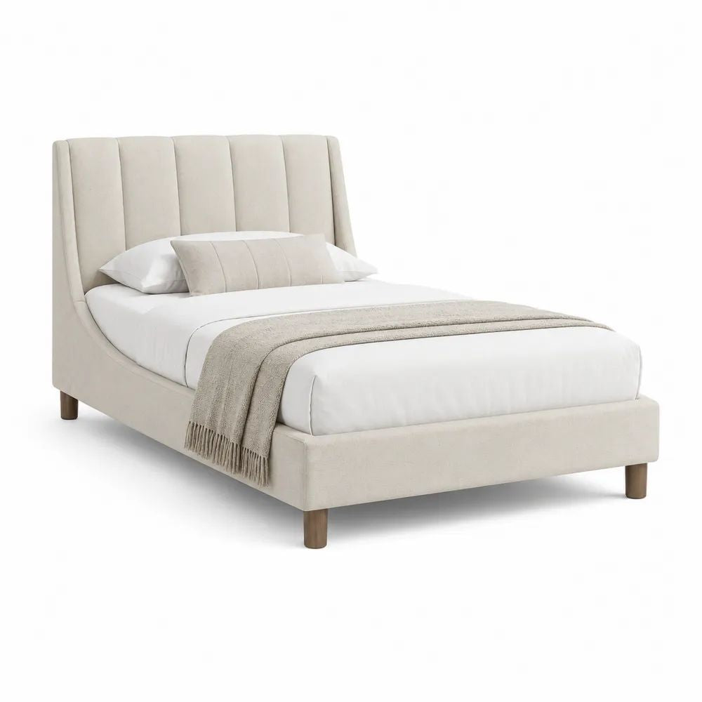 Lit double rembourré en tissu beige avec tête de lit à panneaux verticaux, couchage 160 × 200 cm, dimensions 218 × 174 × 120 cm