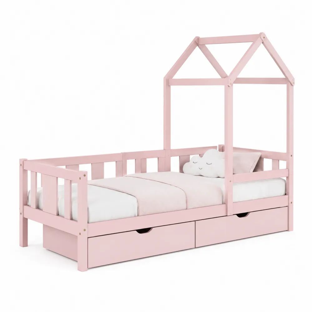 Lit cabane enfant en bois rose 90 × 190 cm avec barrières, sommier à lattes et 2 tiroirs