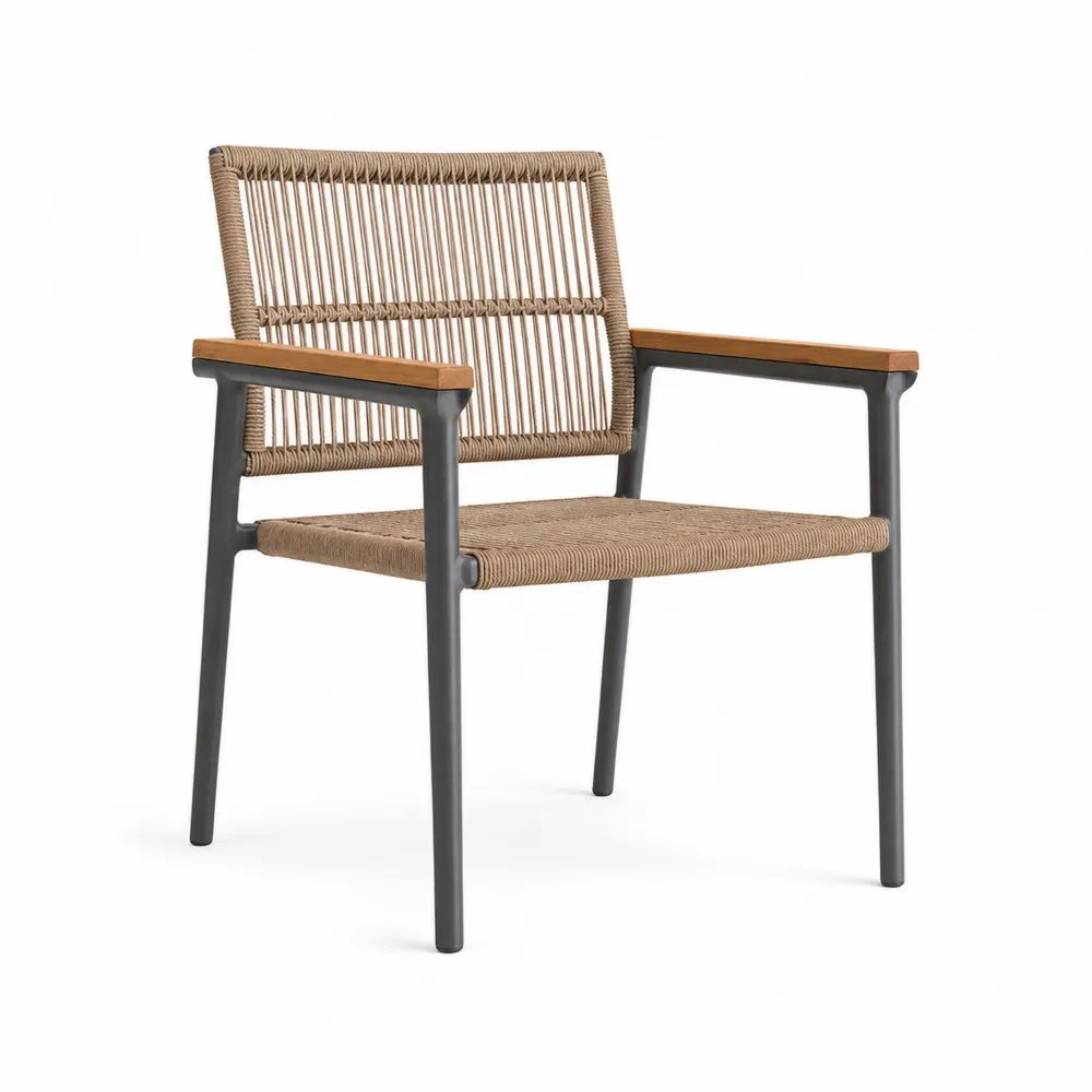 Chaise de jardin avec accoudoirs en aluminium, corde polyester et acacia, taupe, anthracite et brun naturel, 58 × 60 × 84 cm