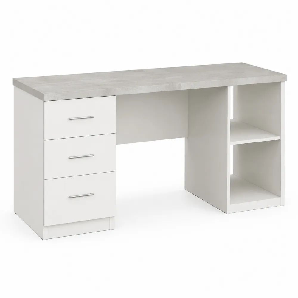 Bureau droit en panneaux de particules blanc et effet béton avec 3 tiroirs et 2 niches, 120 × 55 × 75 cm