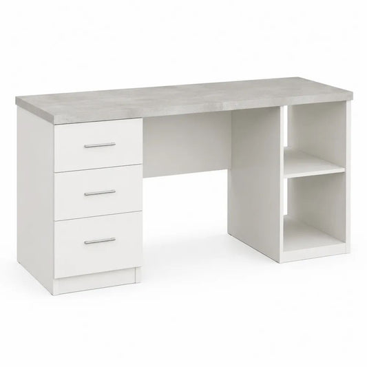 Bureau droit en panneaux de particules blanc et effet béton avec 3 tiroirs et 2 niches, 120 × 55 × 75 cm