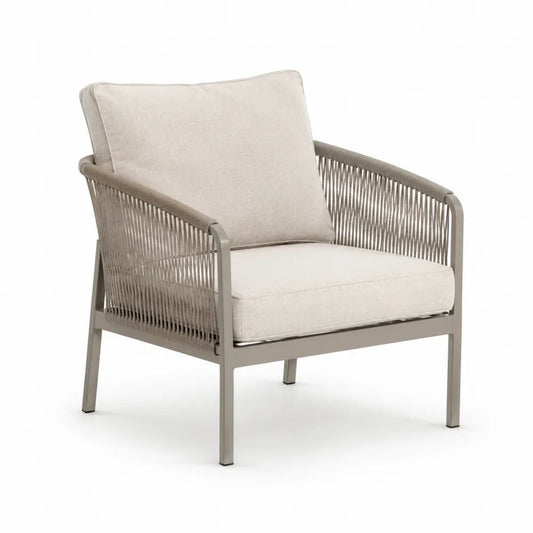 Fauteuil de jardin extérieur en aluminium et corde tressée taupe avec coussins écrus, 75 x 78 x 81 cm