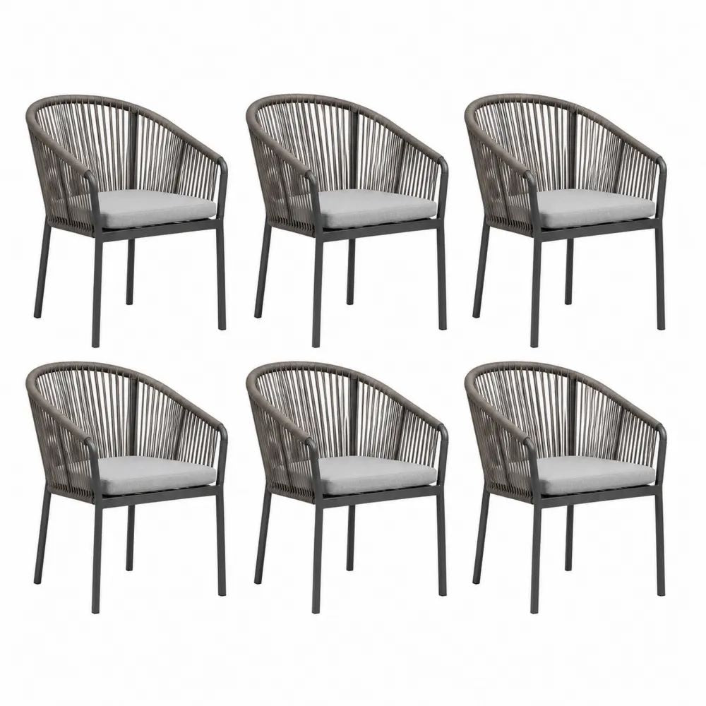 Lot de 6 fauteuils de jardin en acier et corde gris anthracite avec coussins gris clair, 58 × 60 × 78 cm