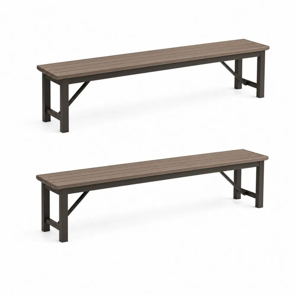 Lot de 2 bancs de jardin sans dossier en composite bois-plastique et acier, marron et anthracite, 180 x 28 x 43 cm
