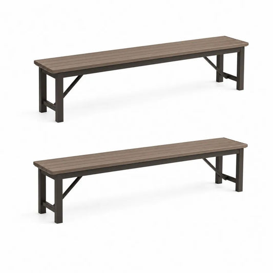 Lot de 2 bancs de jardin sans dossier en composite bois-plastique et acier, marron et anthracite, 180 x 28 x 43 cm