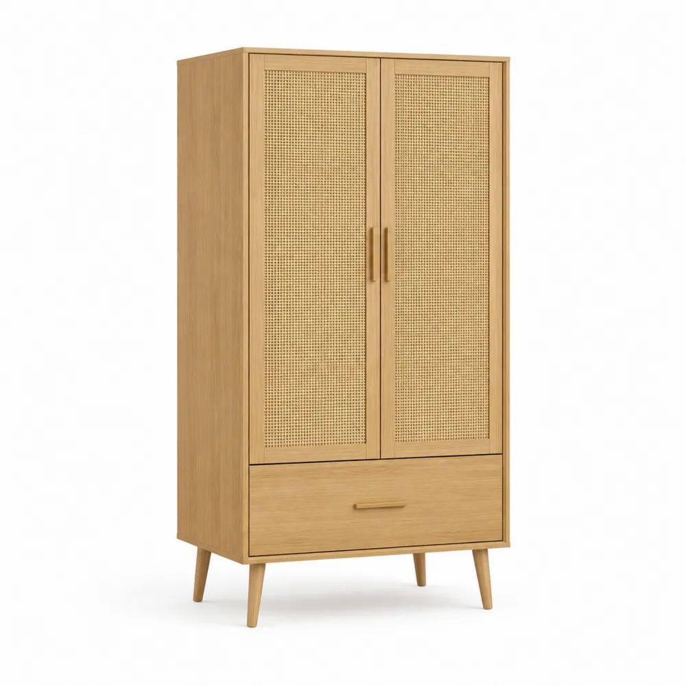 Armoire penderie rectangulaire à 2 portes et 1 tiroir en MDF plaqué chêne et rotin naturel, chêne naturel et beige, 90 × 50 × 180 cm