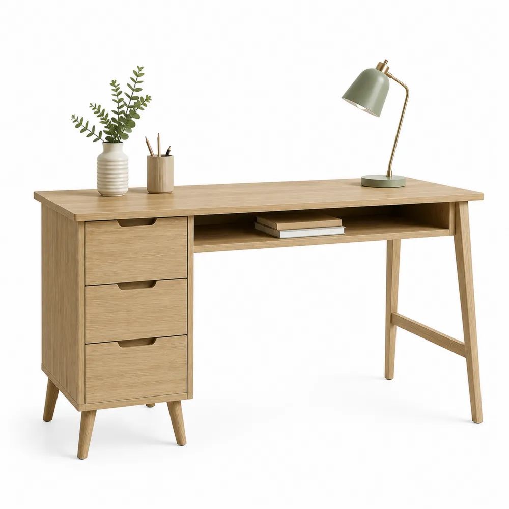 Bureau rectangulaire en bois avec 3 tiroirs et niche ouverte, chêne clair, 120 × 55 × 76 cm