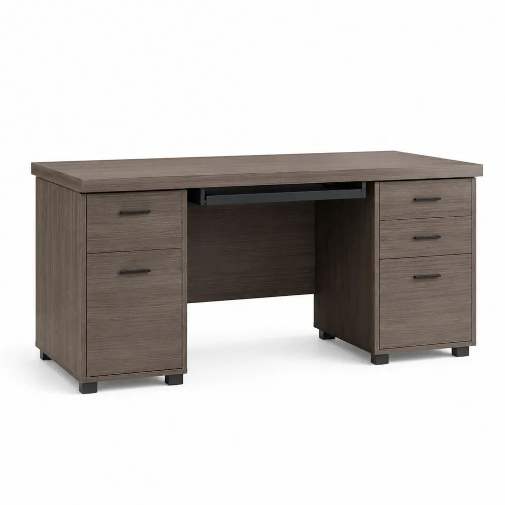 Bureau informatique rectangulaire en panneaux de particules mélaminés avec 5 tiroirs et tablette pour clavier, brun grisé et noir, 150 × 60 × 76 cm