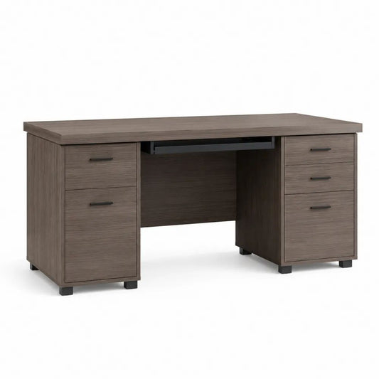 Bureau informatique rectangulaire en panneaux de particules mélaminés avec 5 tiroirs et tablette pour clavier, brun grisé et noir, 150 × 60 × 76 cm
