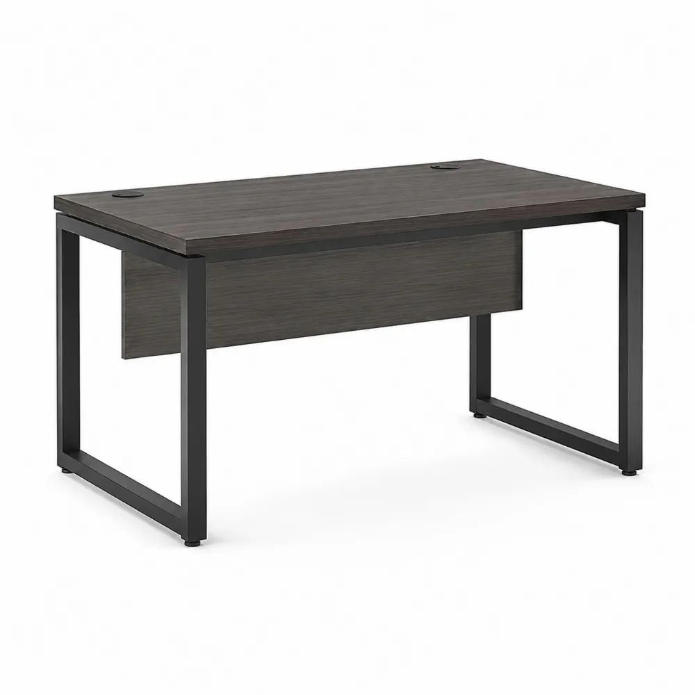 Bureau droit rectangulaire en panneau de particules mélaminé et acier, chêne foncé et noir, 120 × 60 × 75 cm