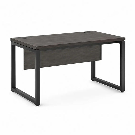 Bureau droit rectangulaire en panneau de particules mélaminé et acier, chêne foncé et noir, 120 × 60 × 75 cm