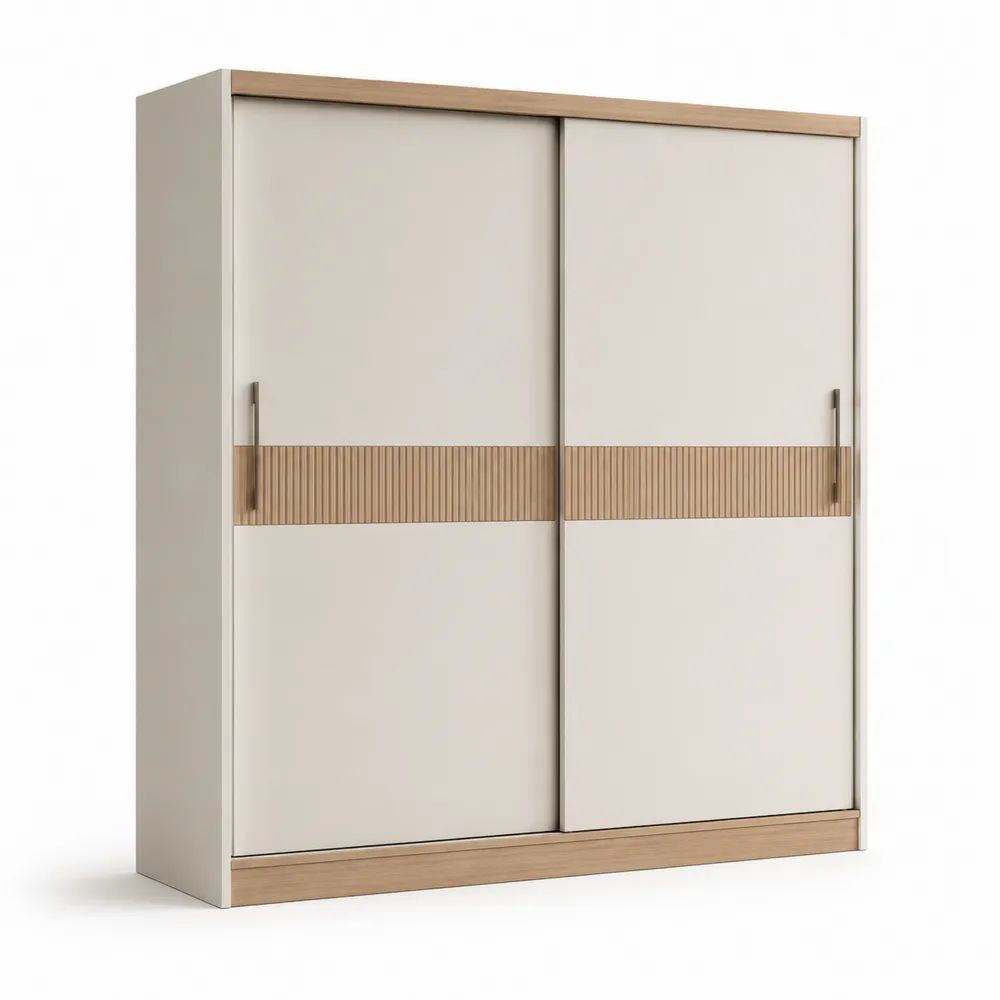 Armoire penderie à 2 portes coulissantes en bois et métal, beige clair et chêne clair, 180 × 60 × 200 cm