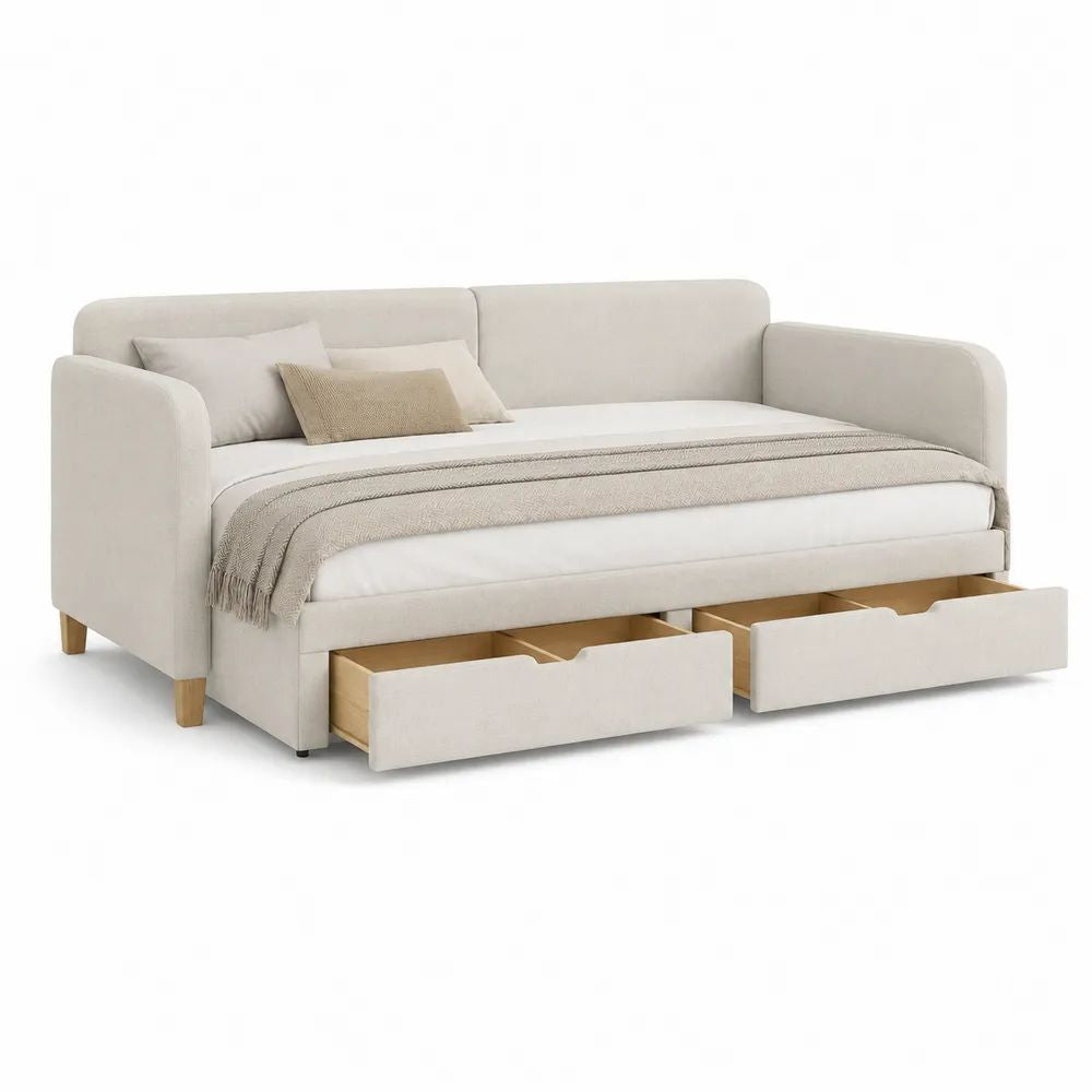 Lit banquette rembourré 1 place avec 2 tiroirs, couchage 90 x 200 cm, polyester et bois, beige, 215 x 100 x 88 cm