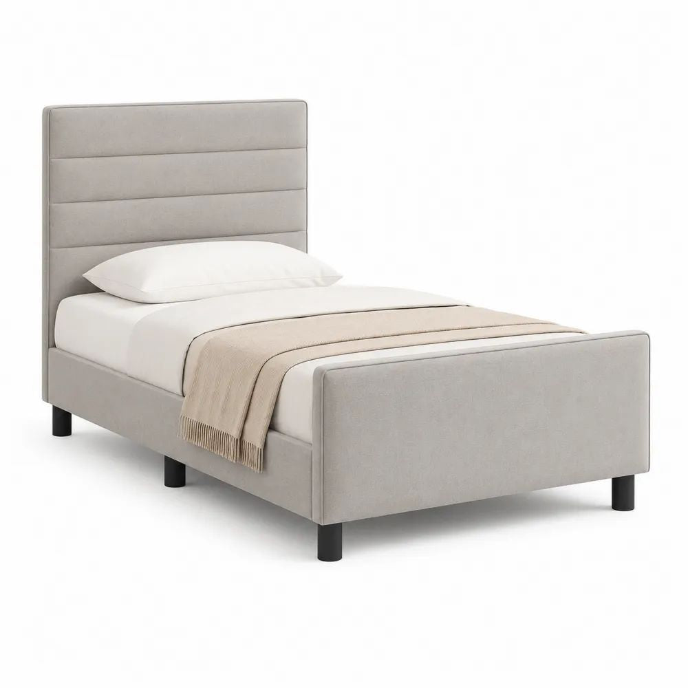 Lit simple rembourré en tissu gris clair et métal noir, couchage 90 × 190 cm, dimensions 202 × 99 × 110 cm, tête et pied de lit