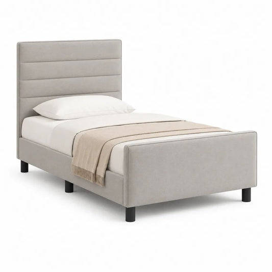 Lit simple rembourré en tissu gris clair et métal noir, couchage 90 × 190 cm, dimensions 202 × 99 × 110 cm, tête et pied de lit