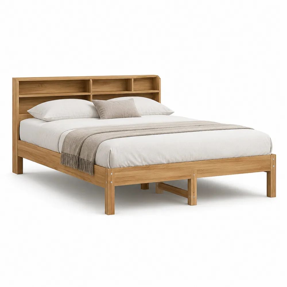 Lit double 160 x 200 cm en bois avec tête de lit bibliothèque, chêne naturel