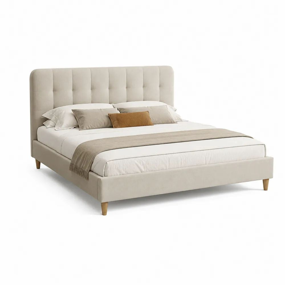 Lit double rembourré beige 180 × 200 cm avec cadre en bois, sommier à lattes et tête de lit capitonnée, 218 × 196 × 118 cm