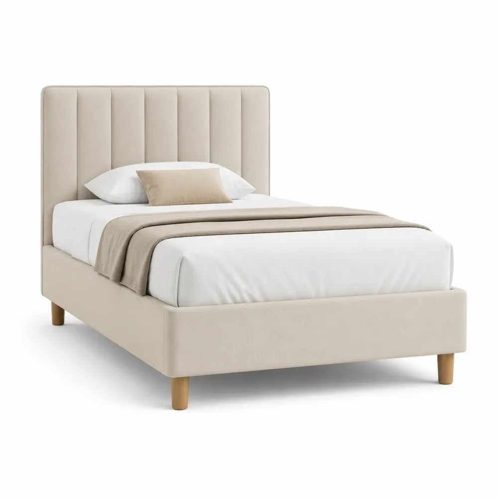 Cadre de lit double rembourré 160 × 200 cm en polyester beige avec tête de lit à panneaux verticaux