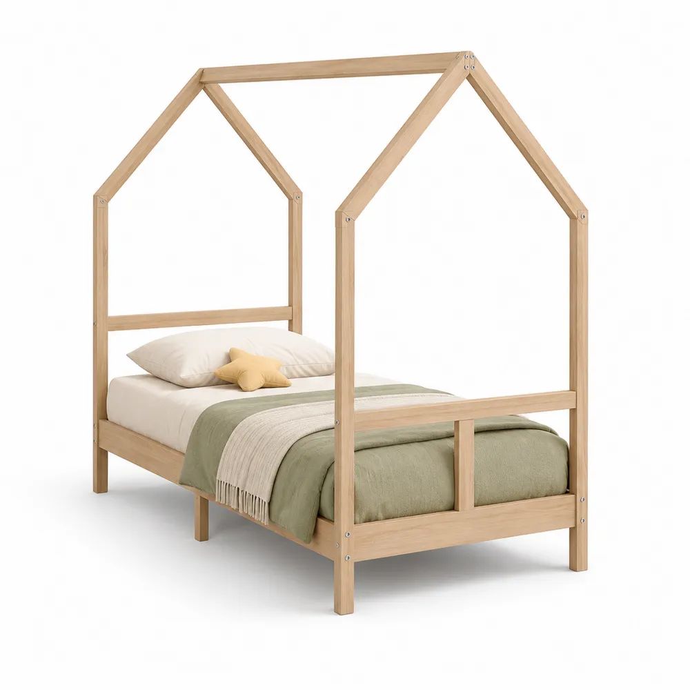 Lit cabane enfant 90 x 190 cm en pin massif naturel avec sommier à lattes