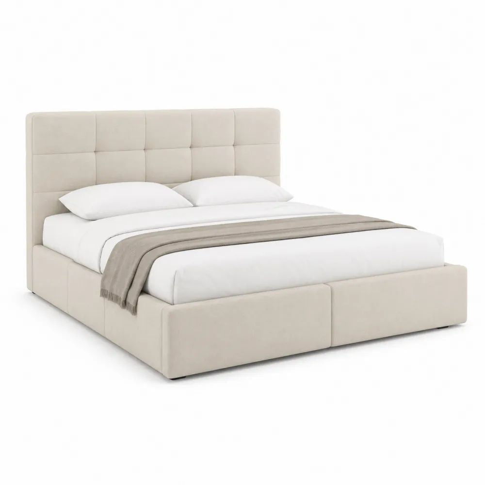 Lit double rembourré beige 160 x 200 cm avec tête de lit capitonnée, cadre en panneaux MDF et contreplaqué, dimensions 176 x 218 x 112 cm