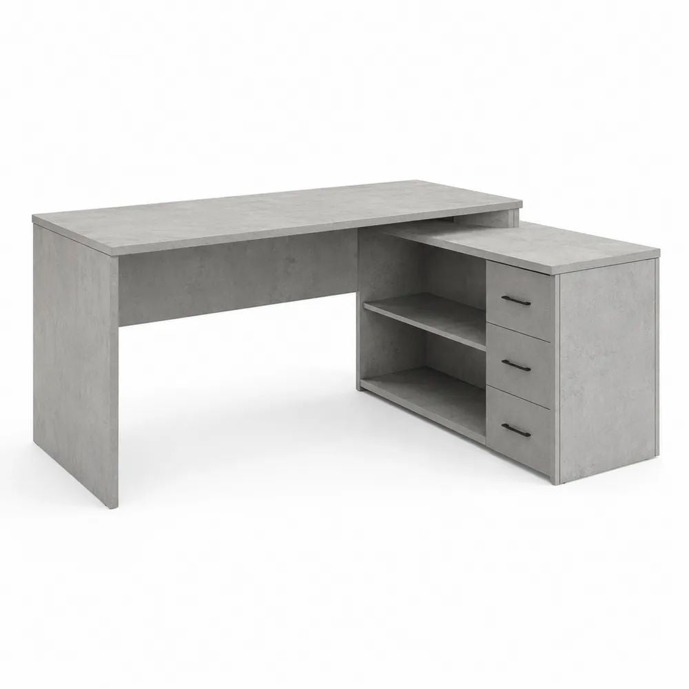 Bureau d’angle avec retour à droite, 3 tiroirs et 2 niches, gris effet béton et noir, 145 × 120 × 75 cm
