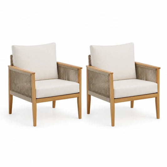Lot de 2 fauteuils de jardin en bois massif et corde avec coussins écrus, bois naturel et taupe, 65 × 70 × 82 cm