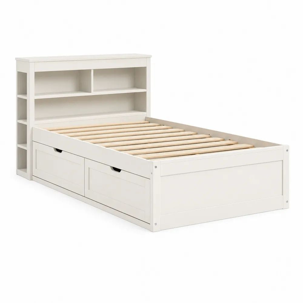 Lit simple 90 x 200 cm en pin massif et MDF blanc avec tête de lit à rangements, 2 tiroirs et sommier à lattes