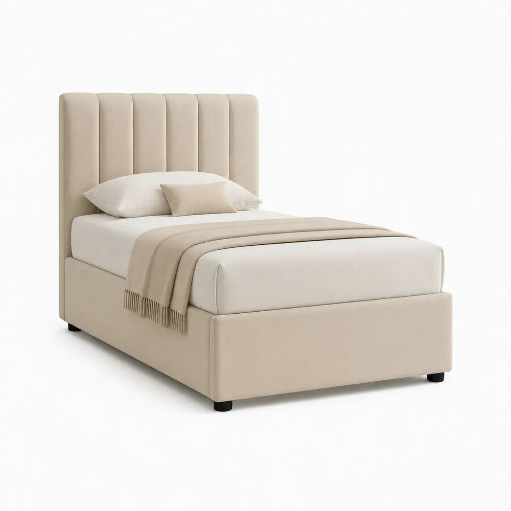 Lit double rembourré en polyester beige avec tête de lit à panneaux verticaux, couchage 140 × 190 cm, dimensions 205 × 149 × 140 cm