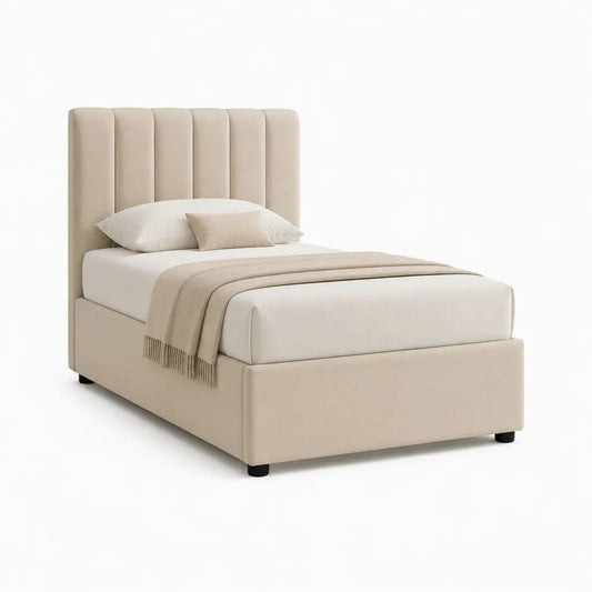 Lit double rembourré en polyester beige avec tête de lit à panneaux verticaux, couchage 140 × 190 cm, dimensions 205 × 149 × 140 cm