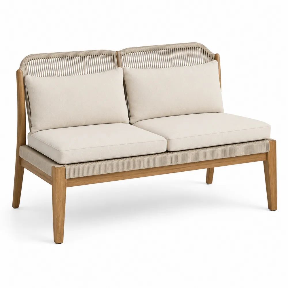 Banquette de jardin 2 places en acacia massif et corde en polyester, beige et brun naturel, avec 4 coussins, 142 x 76 x 82 cm
