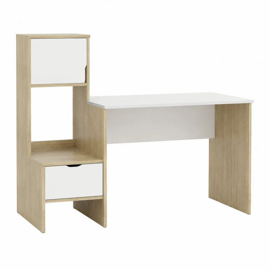 Bureau rectangulaire avec étagère et tiroir en panneaux de particules mélaminés blanc et chêne clair, 120 × 55 × 139 cm