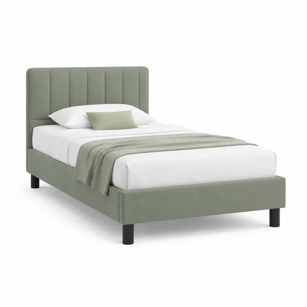 Cadre de lit double en tissu vert sauge avec tête de lit rembourrée, couchage 140 × 190 cm, dimensions 206 × 149 × 110 cm