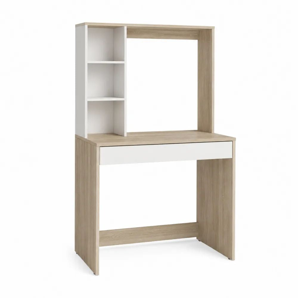 Bureau rectangulaire avec étagères et tiroir en panneaux de particules mélaminés, chêne clair et blanc, 90 × 50 × 140 cm