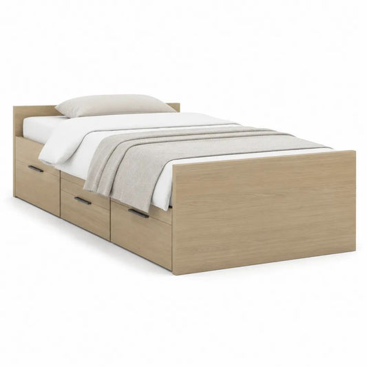 Lit simple en bois avec 3 tiroirs de rangement, chêne clair/noir, 96 x 196 x 80 cm, couchage 90 x 190 cm