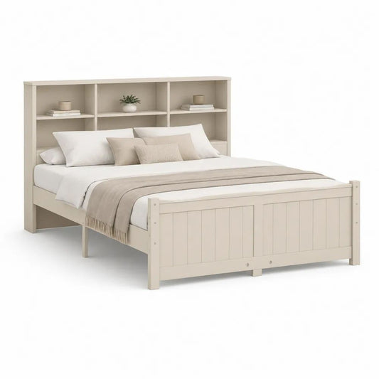 Lit double rectangulaire 160 × 200 cm avec tête de lit bibliothèque, MDF et panneaux de particules, beige