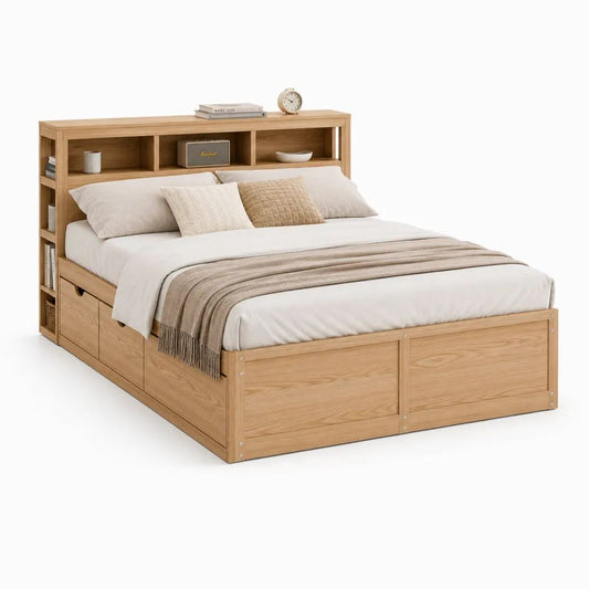 Lit double 160 x 200 cm en MDF décor chêne clair avec tête de lit bibliothèque et 2 tiroirs