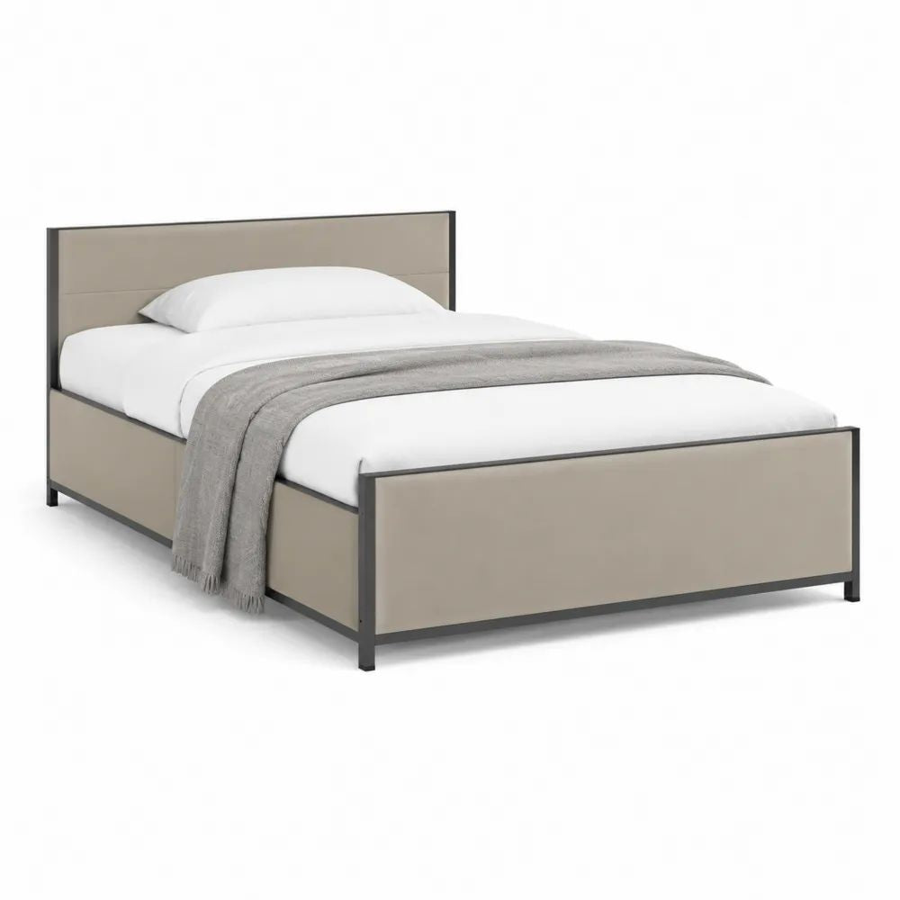 Lit double 140 × 190 cm en acier et similicuir taupe et anthracite, 205 × 148 × 100 cm