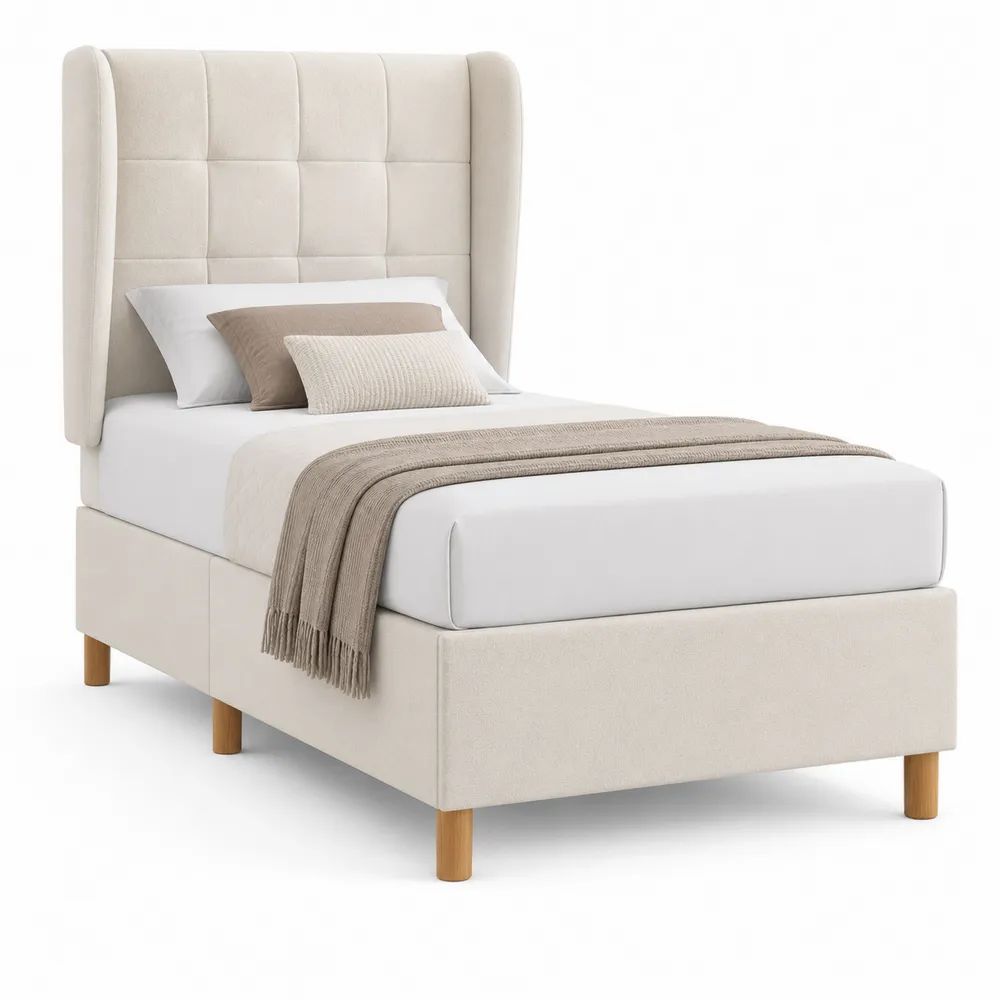 Lit simple rembourré crème 90 × 190 cm avec tête de lit à ailes et sommier à lattes