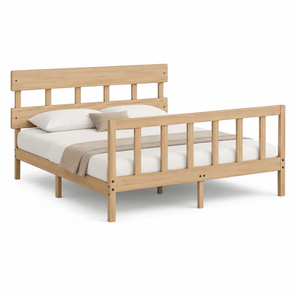 Lit double 140 x 190 cm en bois massif beige naturel avec sommier à lattes